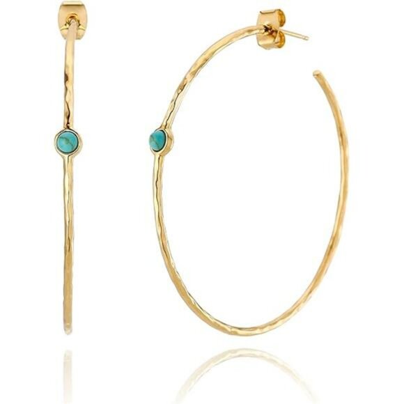 Gold Hoop Earrings Blue Turquoise Dainty Lightweight Hypoallergenic Boho Jewelry - Picture 8 of 8